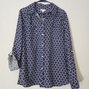 Charter Club Women 100% Linen Geo Print Roll-Tab Sleeves Shirt Sz XL Navy Blue W